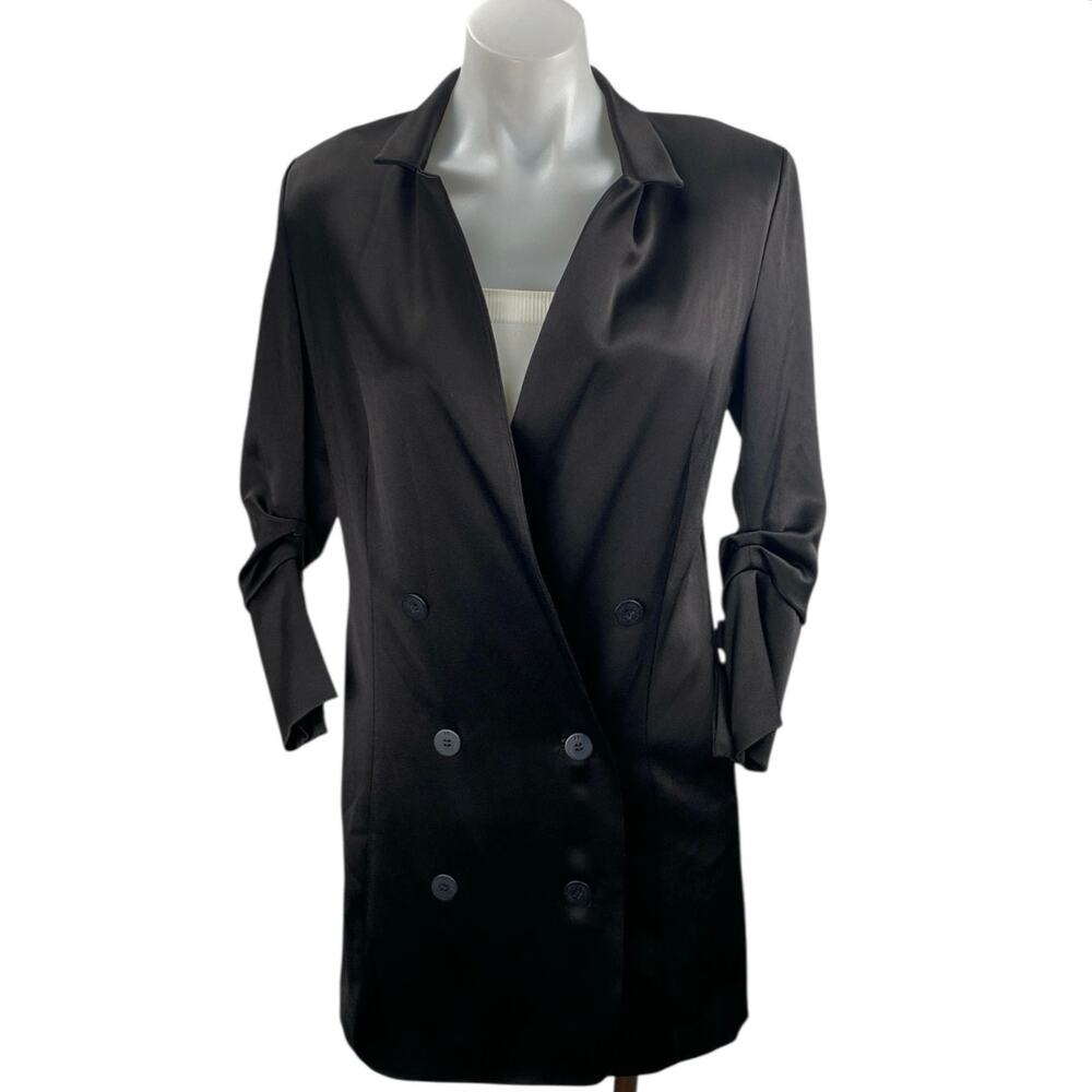 Halston Black Satin Double Breasted Ruched 3/4 Sleeve Blaxzr Coat Jacket Top XS